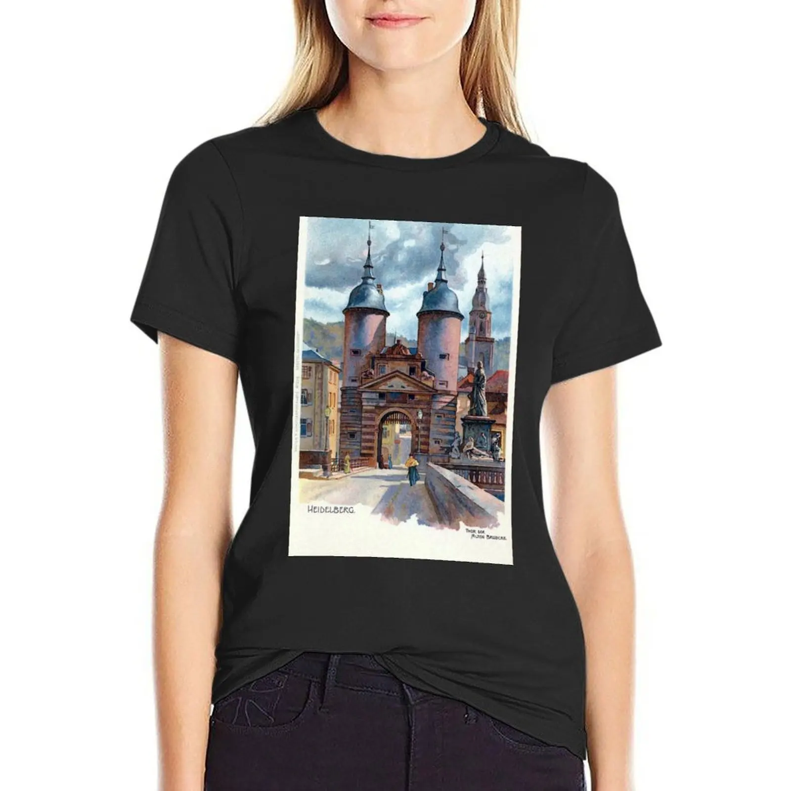 

Vintage Litho Heidelberg Old Bridge Gate T-Shirt lady clothes plus sizes blanks summer tops white t shirts for Women