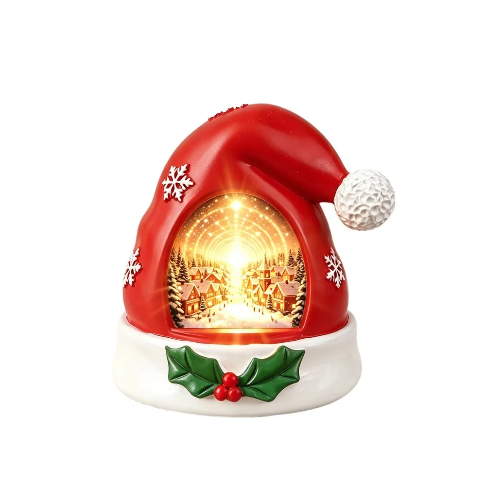 Resin Christmas Elf Hat Ornament Warm Glow Cute XmasHat Statue Light Decorative Light-up Holiday Atmosphere Light Holiday