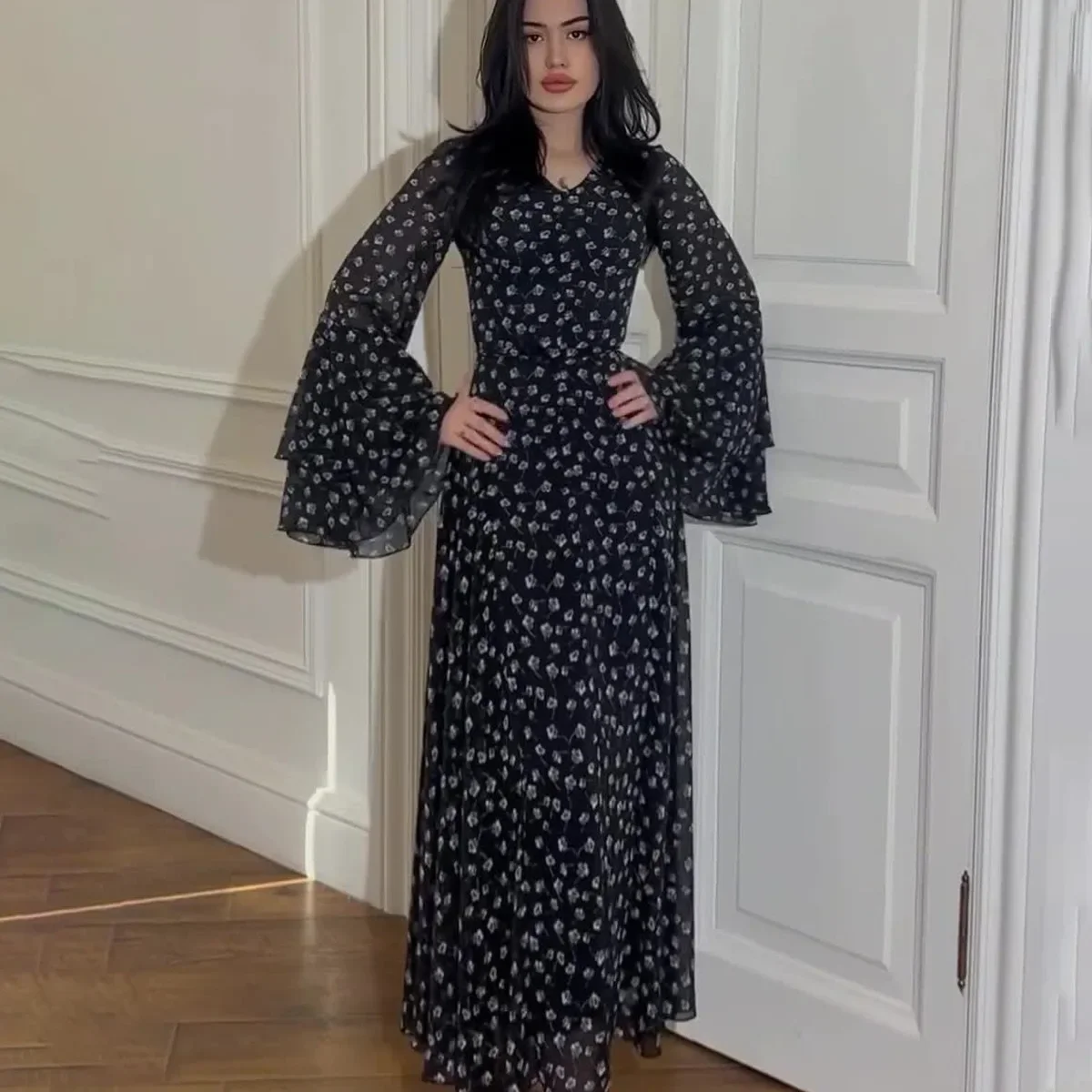 Vestidos Women Dress Abaya Flower Print Dubai Saudi Arabic Long Robe Bell Sleeve Morocco Jalabiya Muslim Ramadan Dresses Abayas