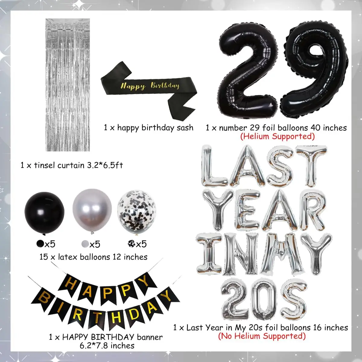 JOYMEMO 29th Birthday Decorations Silver Last Year in My 20s Banner Cheers To 29 Years Old Whiskey Balloons Happy Birthday Sash