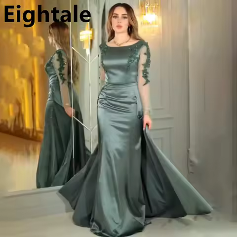 Eightale 2023 Green Mermaid Satin Prom Dress Long Sleeve Evening Party Dress Appliques Beaded Formal Prom Gown Customized