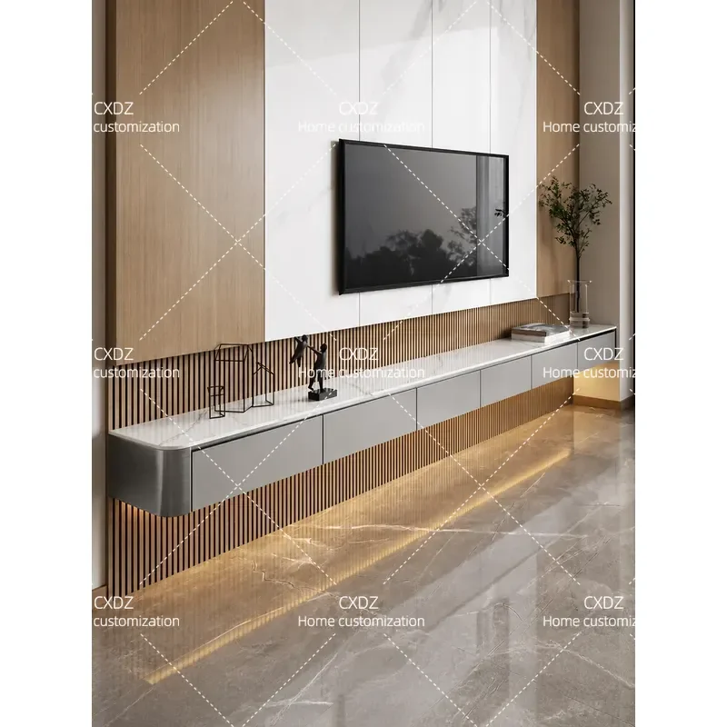 Modern Suspended TV Cabinet and Coffee Table Combo with Rock Slab Top Floating Wall Mounted Solid Wood Storage for Small