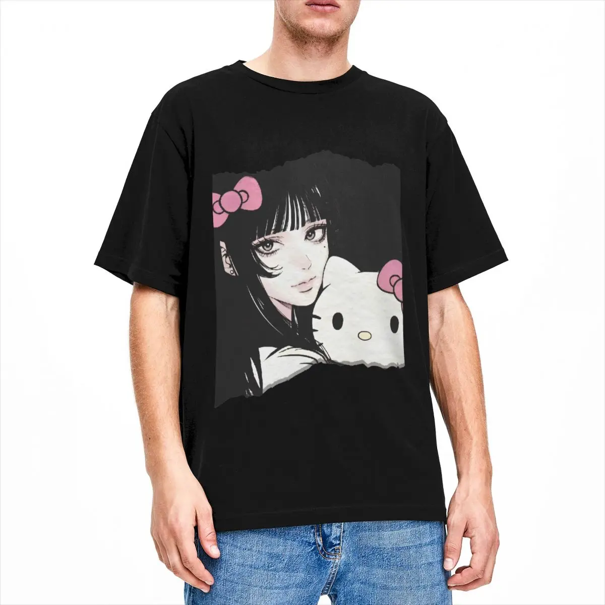 Junji Ito Tomie X Hello Kitty T Shirt Hip Hop T Shirts Short-Sleeve Y2K Basic Tops Summer Cotton O-Neck Plus Size Tees