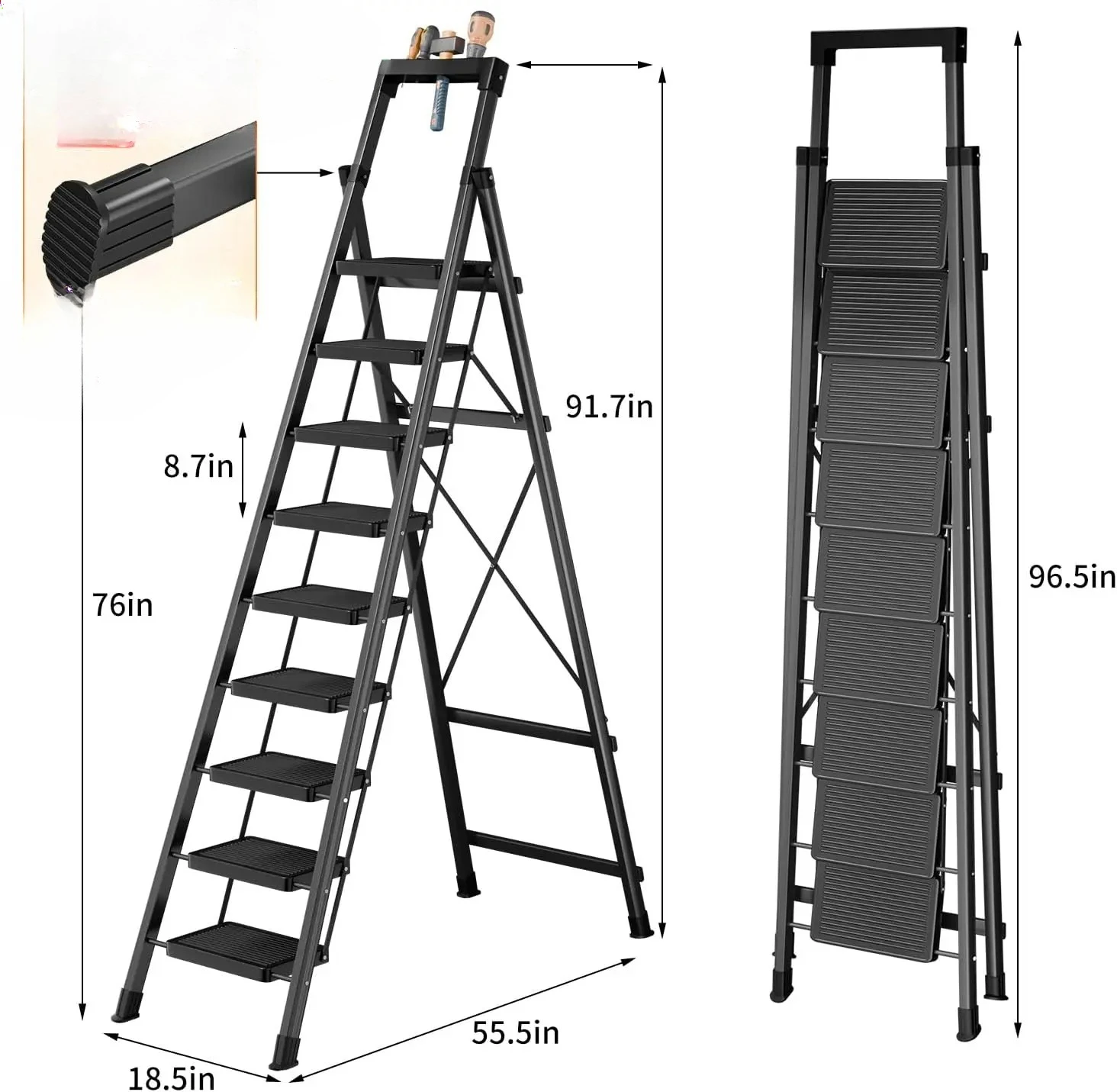 9 Step Ladder with Tray,330lbs Capacity Portable Step Stool for Adults,Heavy Duty Step Ladder Wide Anti-Slip Stury Steel Folding