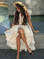 Women Solid Ruffle  Maxi Dress Fashion Lapel V-neck Sleeveless Pleated High Waist Chic Dresses 2026 Summer Lady Vacation Robes - Image 3