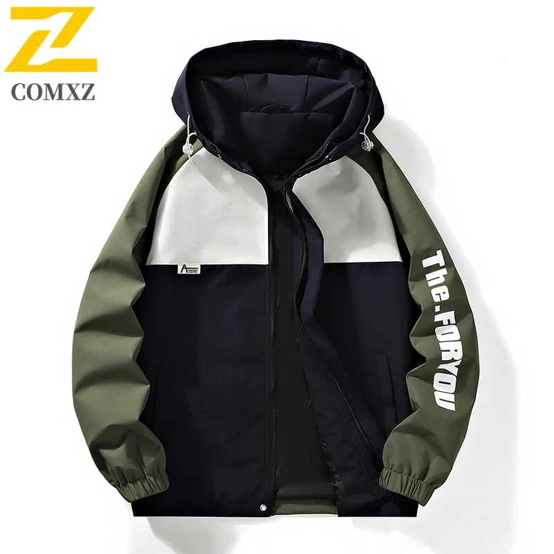

2025 Men Jacket Spring Autumn Color Blocked Fashion Printed Loose Breathable Hooded Jacket Outdoor Street Casual Men Zipper Coat