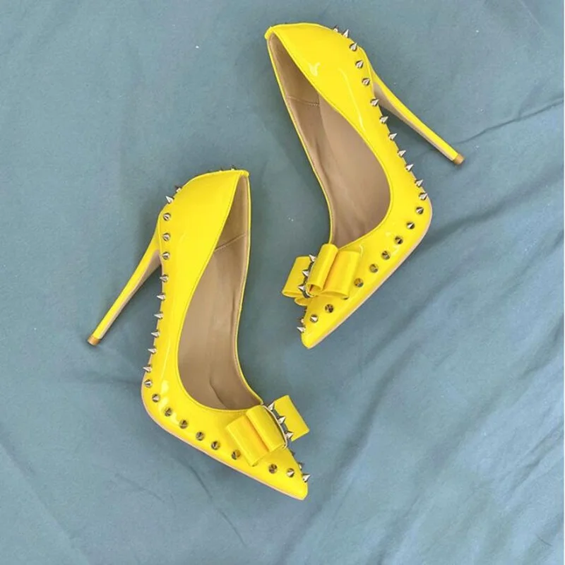 

Butterfly Knot Woman High Heel Pumps Yellow Patent Leather Rivets Spikes Shallow Stiletto High Heels Party shoes