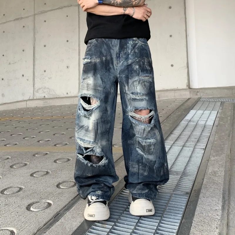 Broken Hole Jeans for Men and Women, Summer Fashion Brand, Wasteland Style, Loose and Casual, Wide Leg Curved Knife Pants
