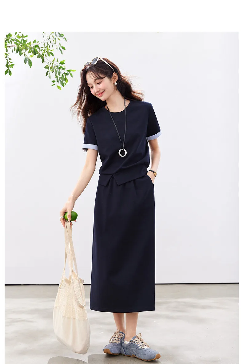 VIMLY Navy Casual Office Women's Suit 2026 Summer Contrast Folded Cuff Short Sleeve Tee Elastic Waist Straight Skirt Sets A6390