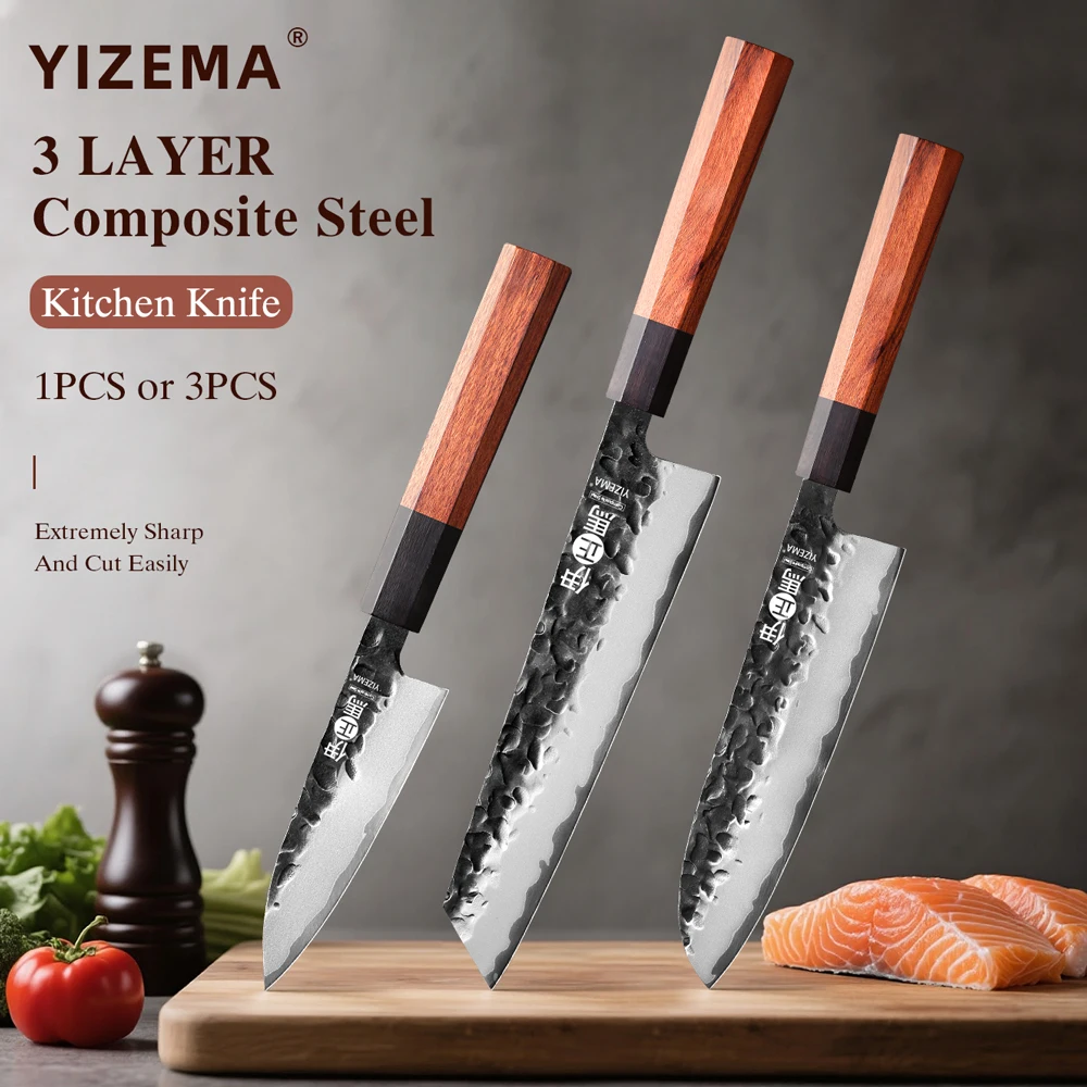 

YIZEMA 1PC-3PCS Kitchen Knives Set Kiritsuke Santoku Fruit Paring Knife Japanese 3-Layer Composite Steel Professional Chef Knife