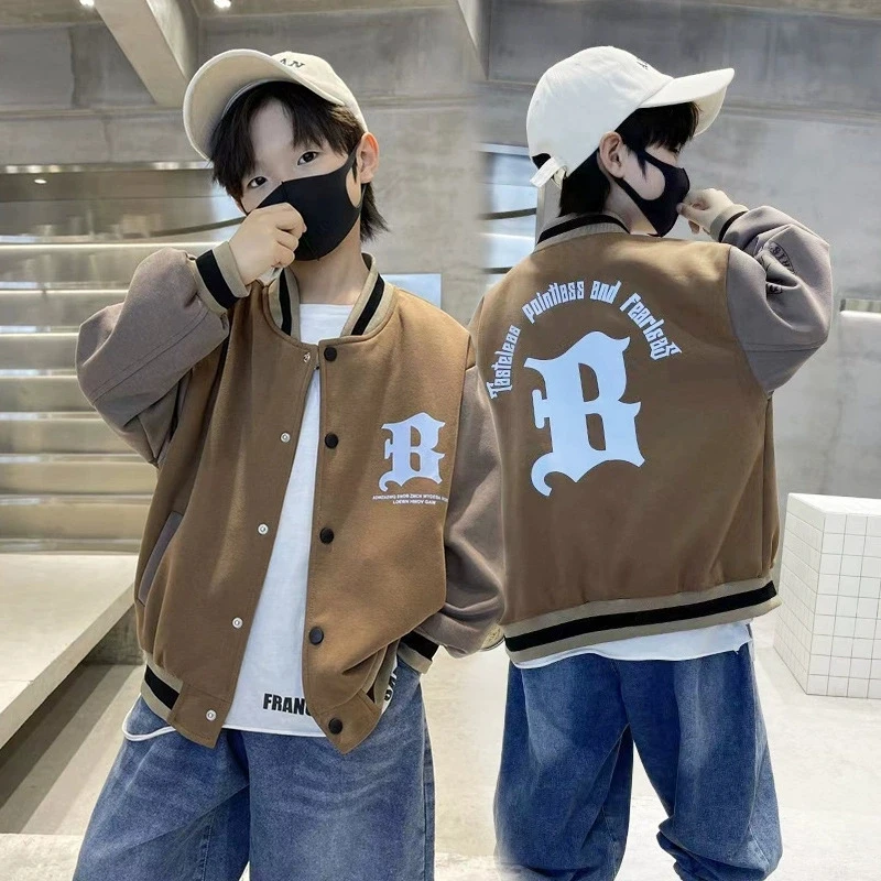 5‑14 Years Boys Color Block Baseball Jacket Spring Autumn Kids Letter Print Single-Breasted Casual Loose Outerwear
