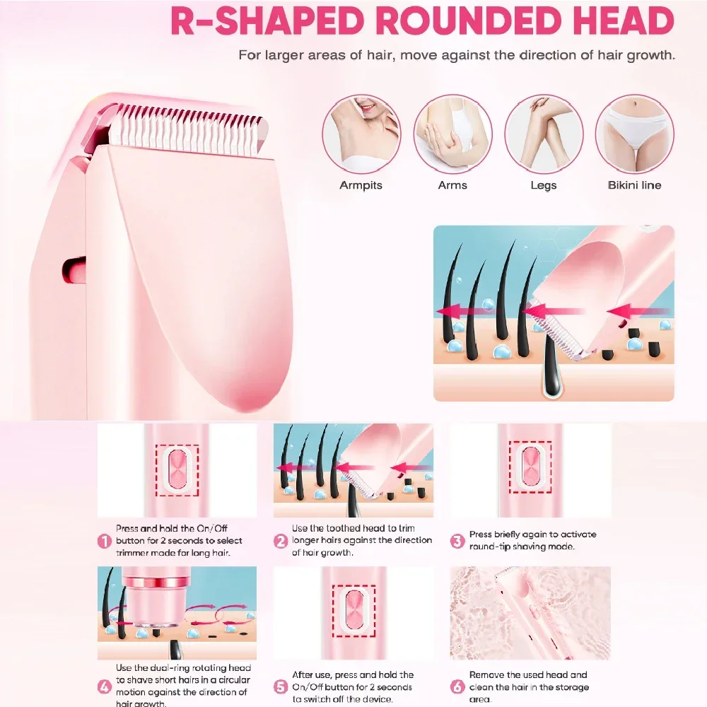1/2/3 Sets wiederaufladbarer Damen-Haarschneider mit zwei Schneidköpfen, wasserdichter Bikini-Rasierer (IPX7), R-förmige, sichere Klinge für den gesamten Körper und das Gesicht – Detail 8