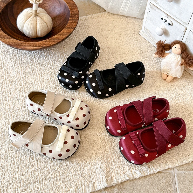 Girls Polka Dot Mary Jane Flat Shoes Kids Bow Elastic Strap Soft Sole Princess Casual Shoes