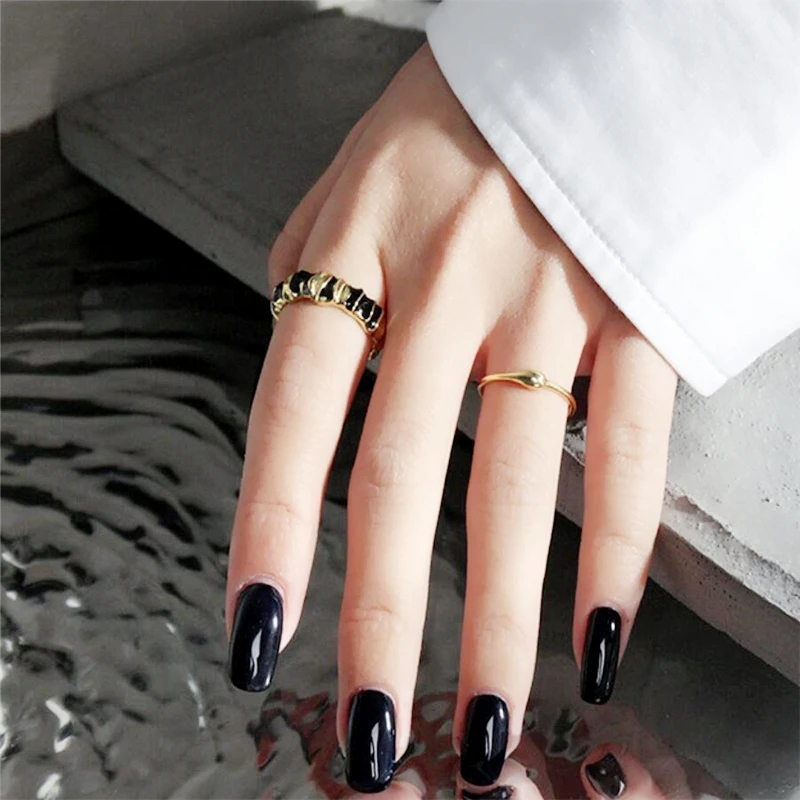 Sole Memory Black Drip Glaze Cool Shiny 925 Sterling Silver Female Resizable Opening Rings RI959