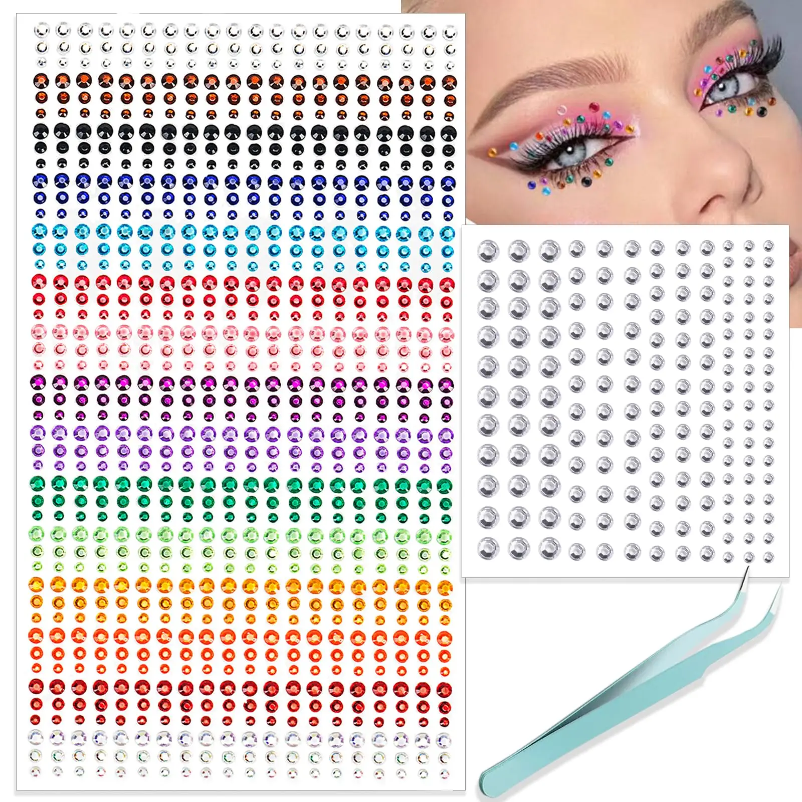 Self‑Adhesive Halloween Face Gems Stickers Mixed Size Rhinestone Pearl Face Jewels for Eyes Forehead Party Makeup with Tweezers