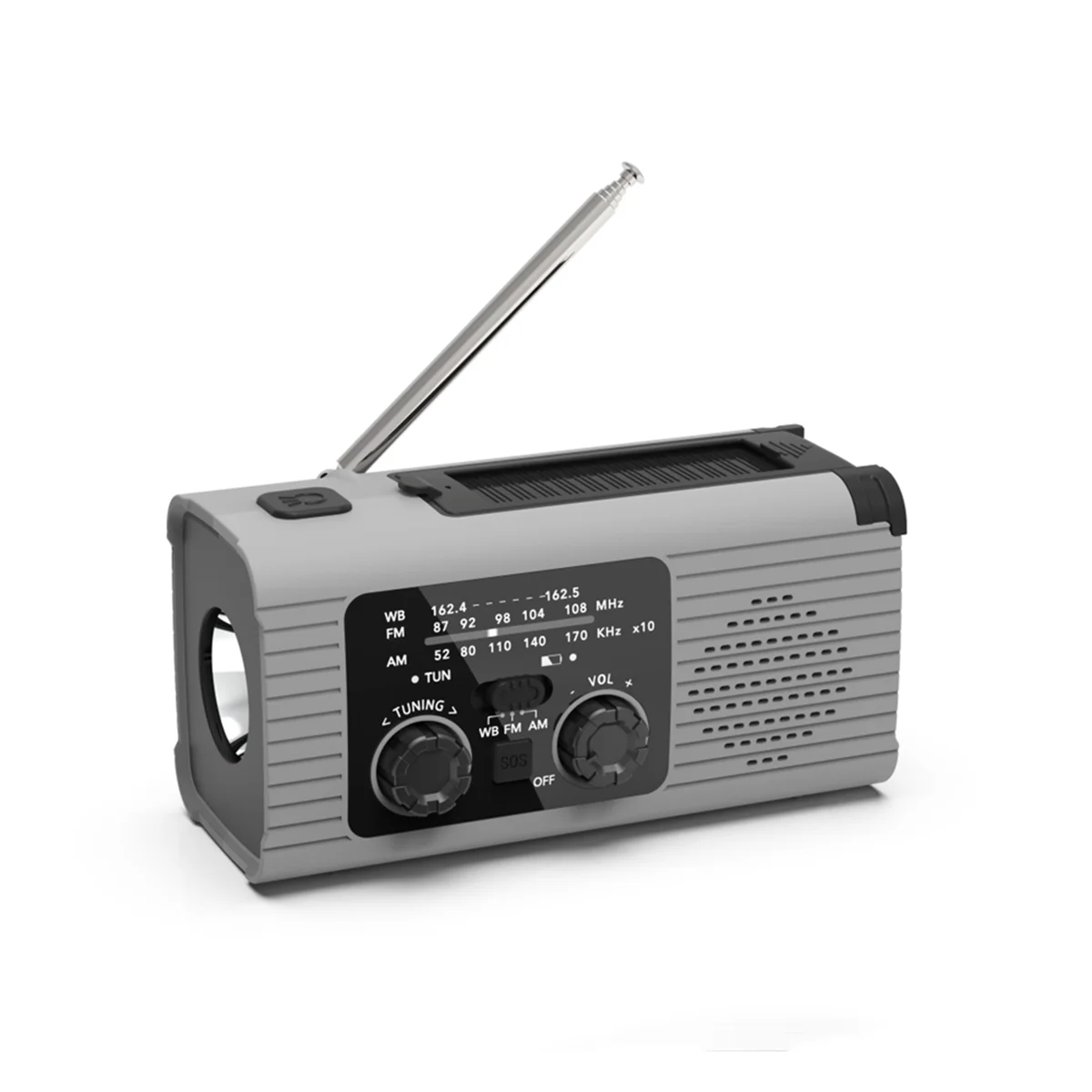 AA87C Notfall-Wetterradio, 4000 mAh Wetteralarmradio, Solaraufladung, Handkurbel und USB-Aufladung, AM/FM-Radio – Grau