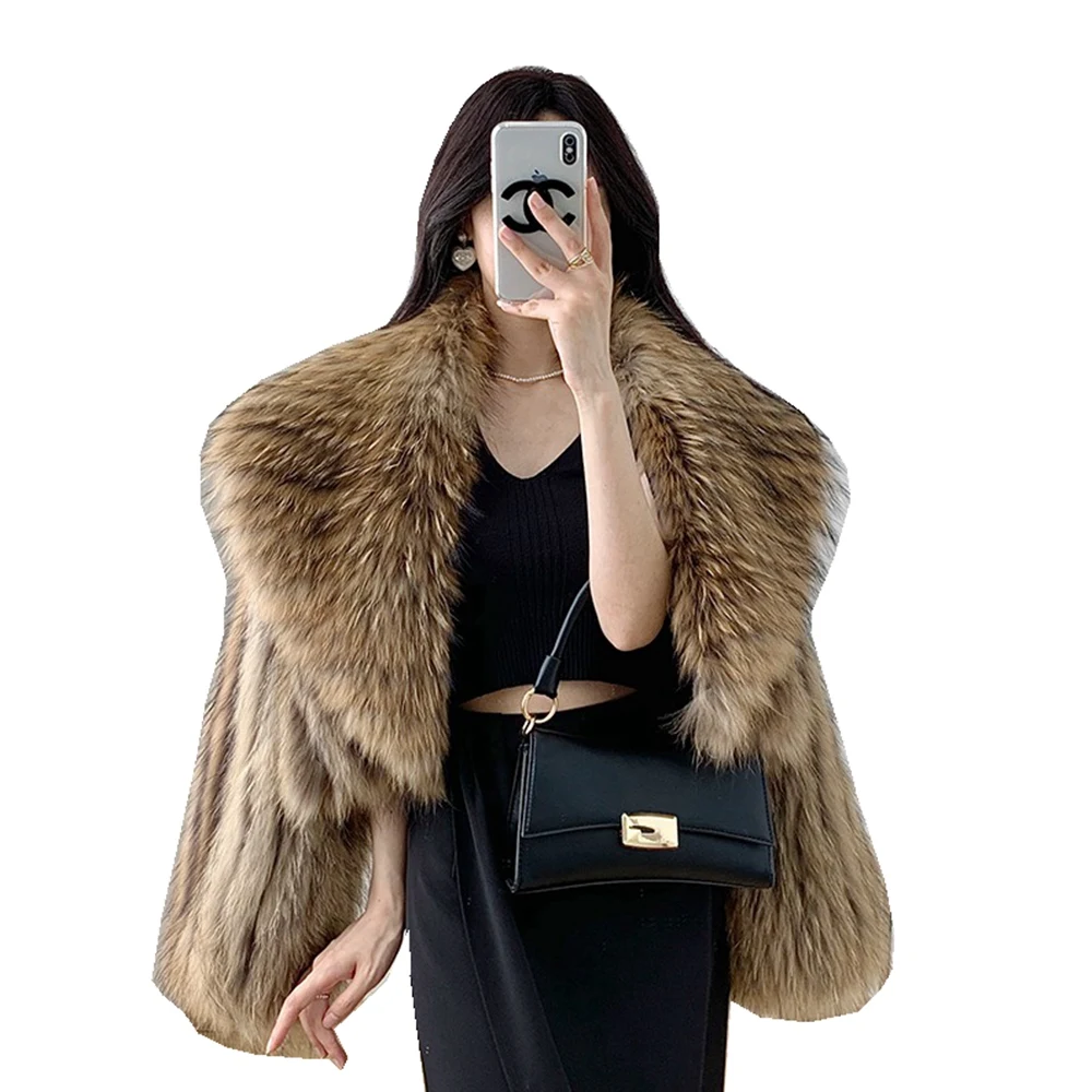 

2 Sides Knitted Raccoon Fur Jacket Autumn Winter Women Warm Coats Outerwear LF2314CQ