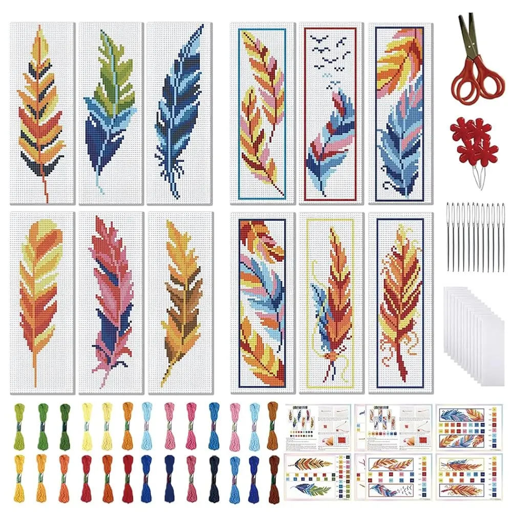 

Набор для вышивания крестиком из 12 элементов: закладки в богемном стиле с перьями, полный комплект для вышивания с инструкцией (для А)