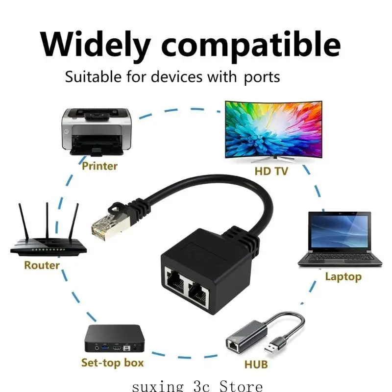 E8BE RJ45 Ethernet Splitter 1 to 2, 1000Mbps Ethernet Switches 2 Port RJ45 LAN Fast Speed Networking Splitter Adapter