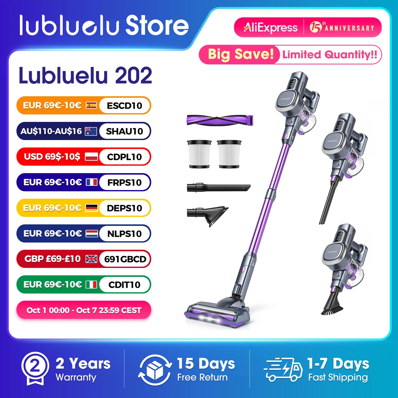 Lubluelu 202 Aspirateur balai sans fil, léger, 6 en 1, 27KPa puissant sans cordon, pour tapis, sol, poils d'animaux