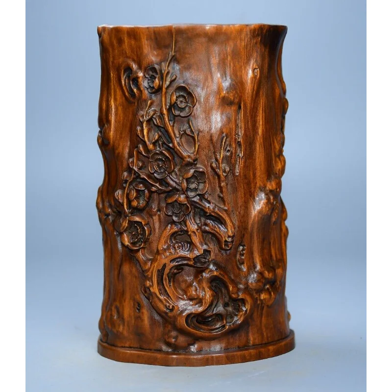 

5.1" Collection Chinese Box-wood Carving Plum Blossom Tree Stool Brush Pot Craft Gift Decoration Home Decore