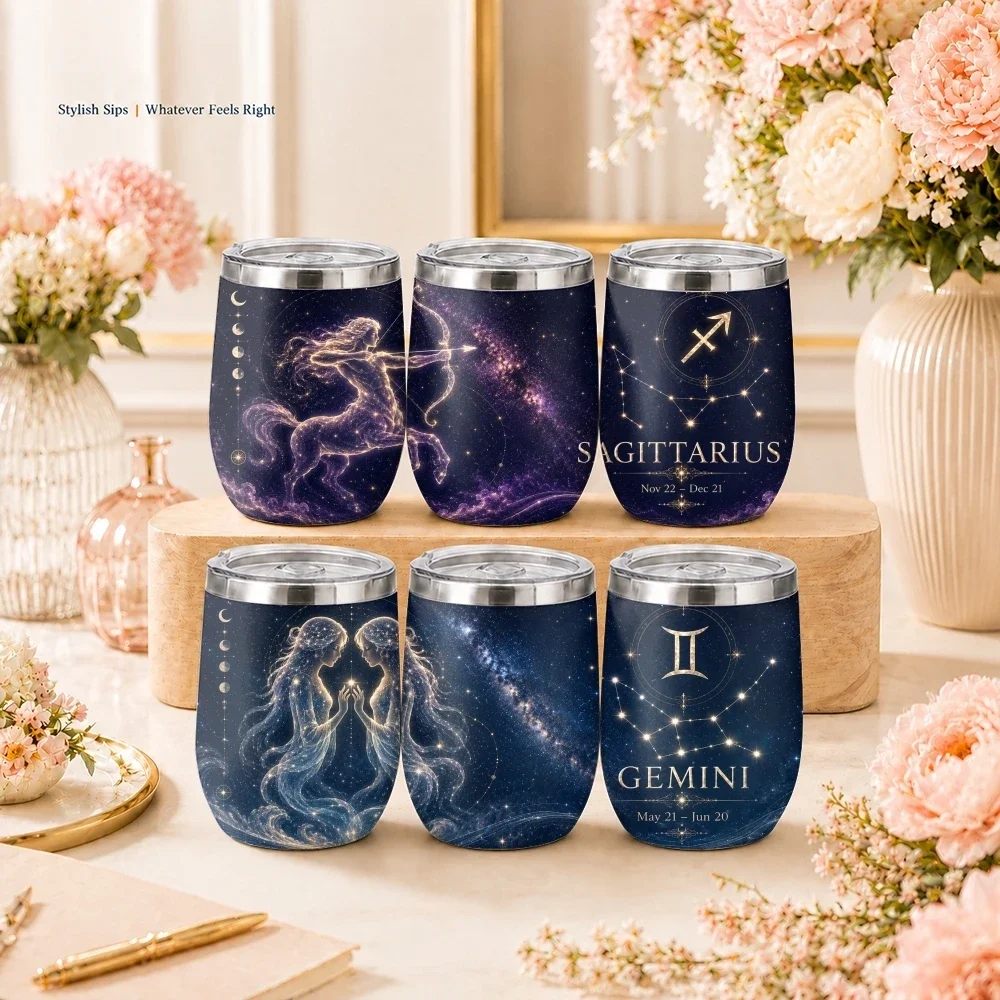 1-6 Simple Twelve Zodiac Signs Vacuum Flasks 12oz Eggshell Cup With Lid, Portable Coffee Cup For Travel Office Mug