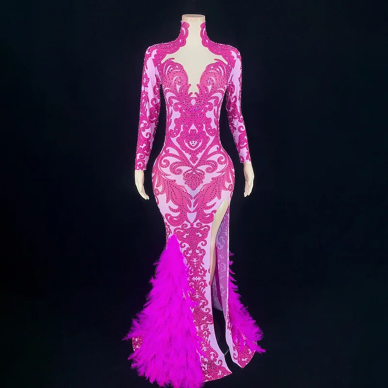 Diamond Birthday Dress Ladies Rose Feather High Split Party Ladies Evening Dress Elegant Shine Vestido Cerimônia Mulher Elegante