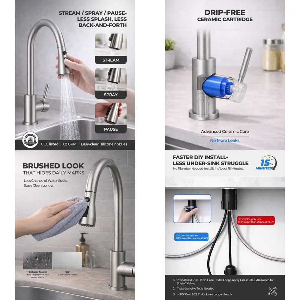 

Stainless Steel Pull-Down Spray Kitchen Faucet, Lead-Free, Single Handle for Home and Commercial Use