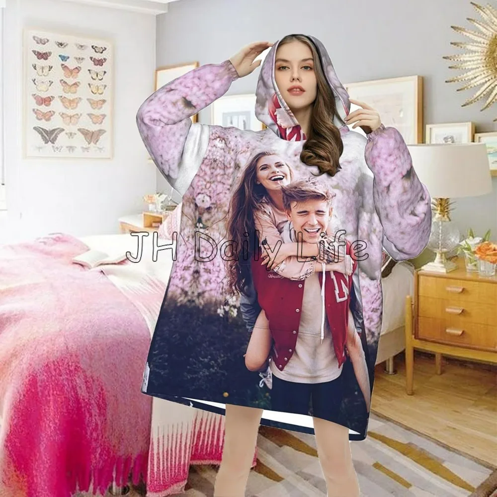 Customized Oversized Blanket Hoodie Add Photo Text Personalized Wearable Pullover Sweatshirt Women Soft Warm Hooded Blanket Gift