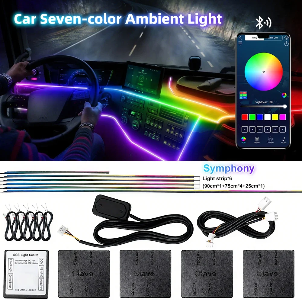

Car Interior Ambient Mood Lighting Kit 18 in 1 RGB LED Strip Light Acrylic Optical Guide APP Control 64 Colors 12V Universal Fit