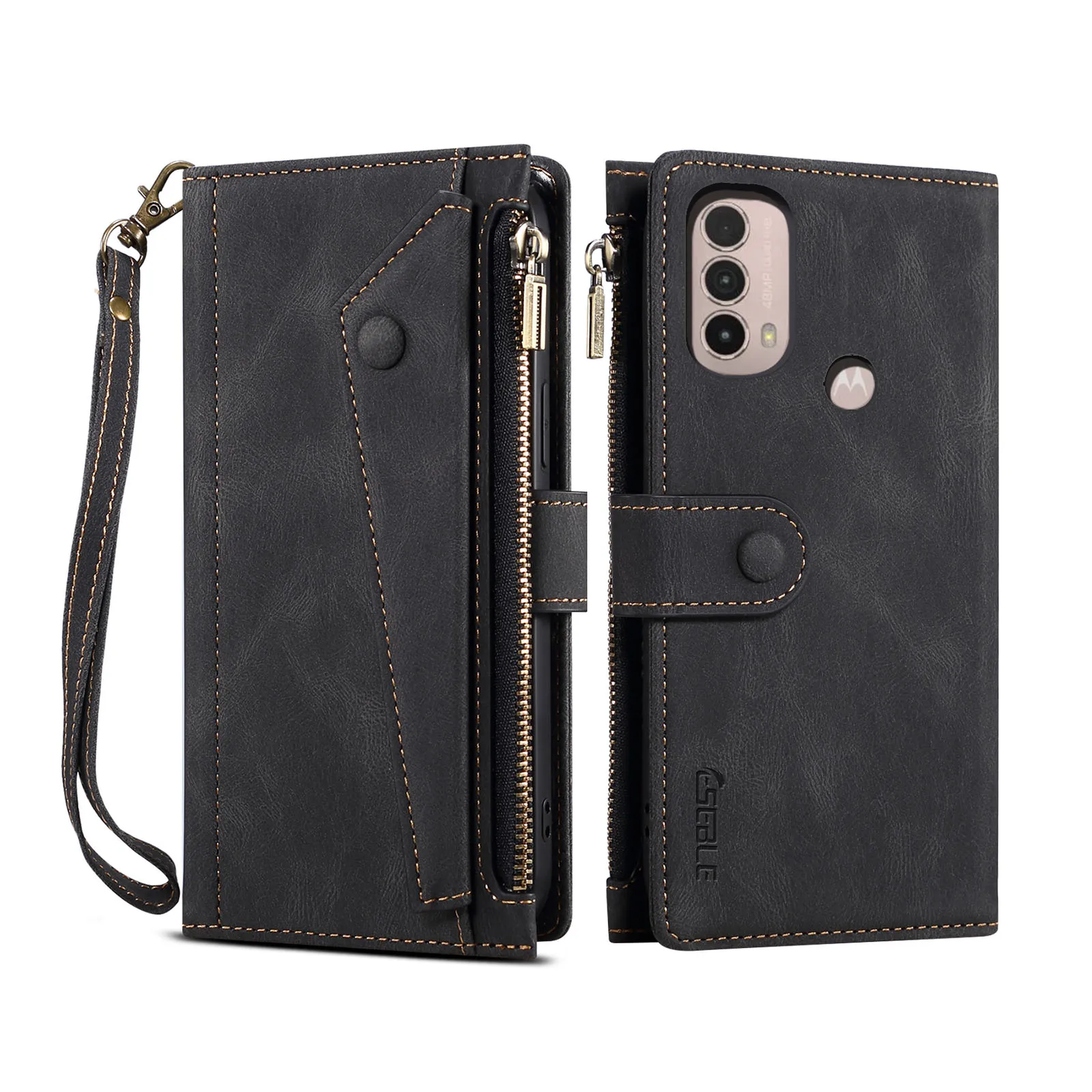 

Flip Leather Lanyard Cover For Motorola Moto E30 E40 E20 Magnetic Button Zipper Card Slot Wallet Shockproof Phone Case