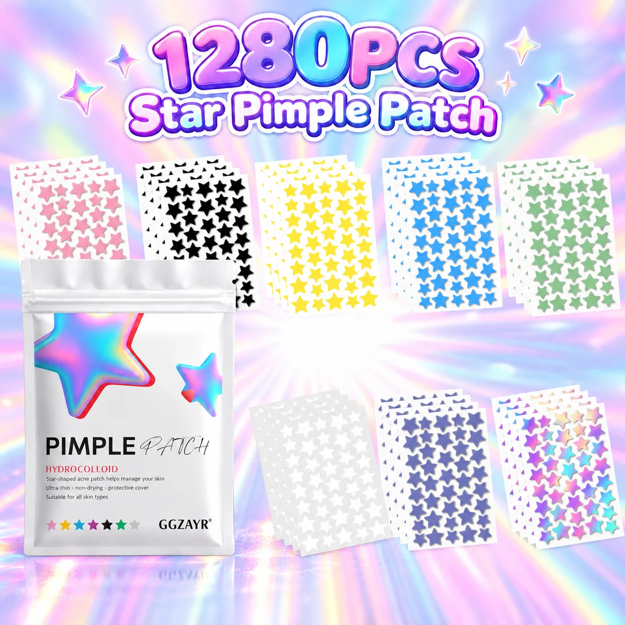1280PCS Colorful Star Pimple Patches, 8 Color Mix Hydrocolloid Face Stickers for Daily Styling, Travel and Party Makeup