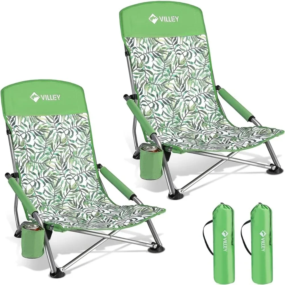 

Low Beach Chairs for Adults 2 Pack, High Back Folding Beach Chairs, and Portable for Outdoor, with Cup Holder and Carry Bag