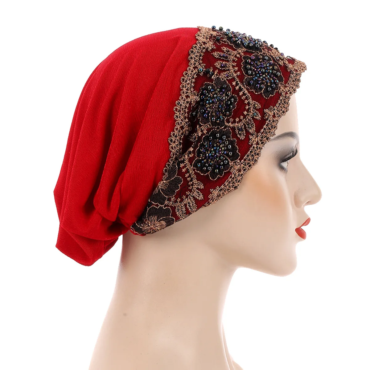 

Muslim Lace Underscarf Cap Mesh Embroidery Beanies Women Inner Hijab Beads Hat Turban Bonnet Hair Care Headscarf Turbante Mujer