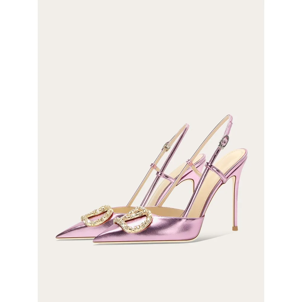 

Pink Princess Crystal Stiletto Sandals Women Pointed Toe Rhinestone V Strap High Heels