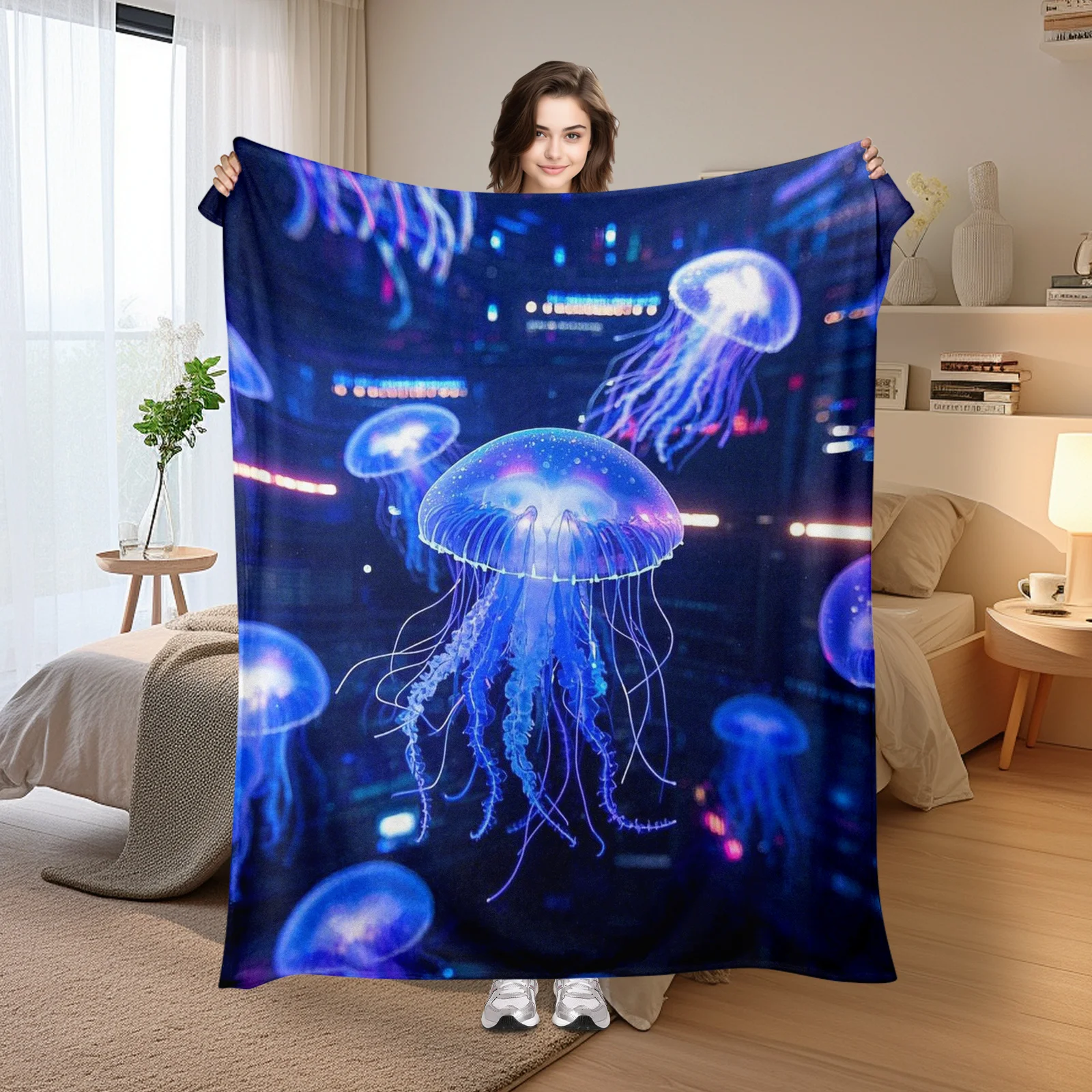 

Cyberpunk Jellyfish Cool Blue Glow Themed Blanket For Modern Home Decor And Unique Gift Inspiration
