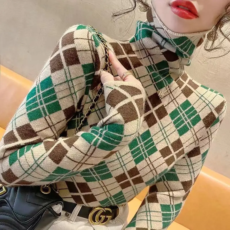 

Turtleneck Striped Undershirt Women's Autumn and Winter Fashion Printed Letter Checkered Pullover Long Sleeved Slim T-shirt Tops