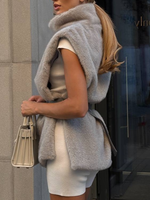 Casual Stand Collar Solid Fur Vest Women Chic Sleeveless Waist Cinching Lace Up Thick Top Fashion Lady New Business Commute Tops