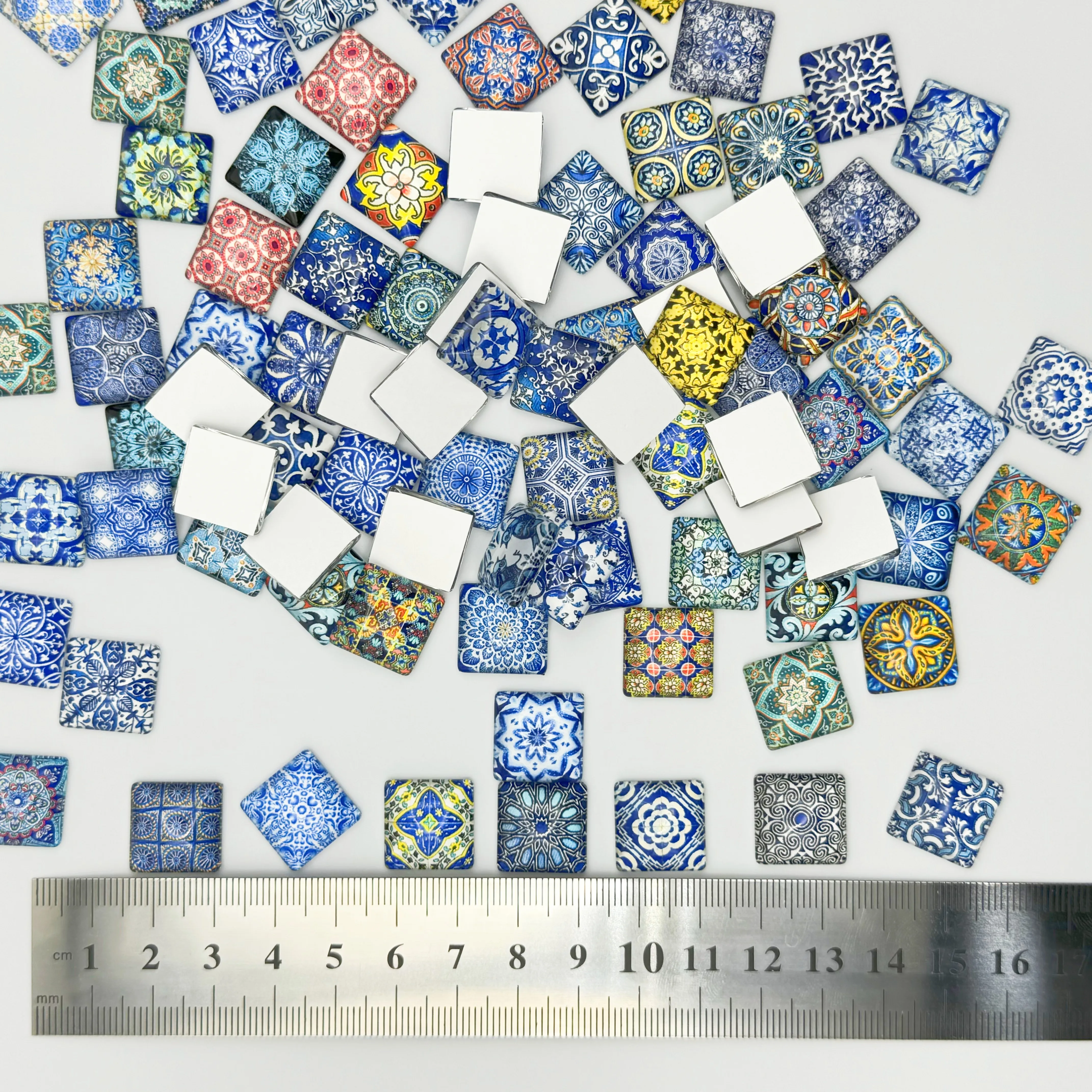 20PCS Blue and White Porcelain Square Convex Crystal Glass Mosaic Stones DIY Handmade Creative Decoration Accessories Stickers ﻿