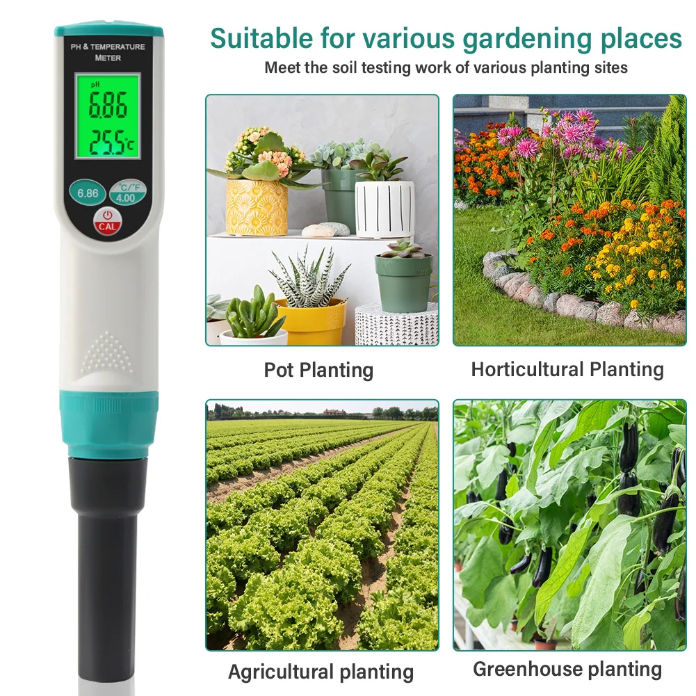 Medidor de PH del suelo de alta precisión 0,00 ~ 14.00pH Digital Temp acidez Analizador de Sensor de probador de suelo para plantación al aire libre