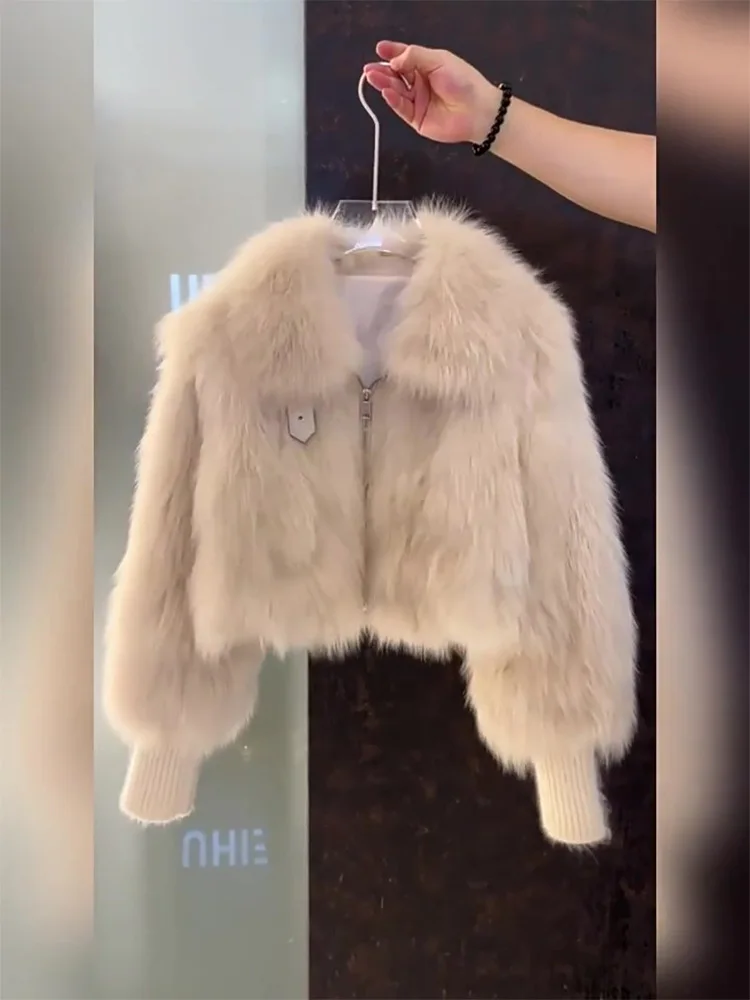 Kurze Damen-Jacke aus Kunstfuchsfell, Leder und Pelz, Patchwork-Plüschmantel, Reißverschluss, lockere pelzige Oberbekleidung, warme, stilvolle Winterjacken