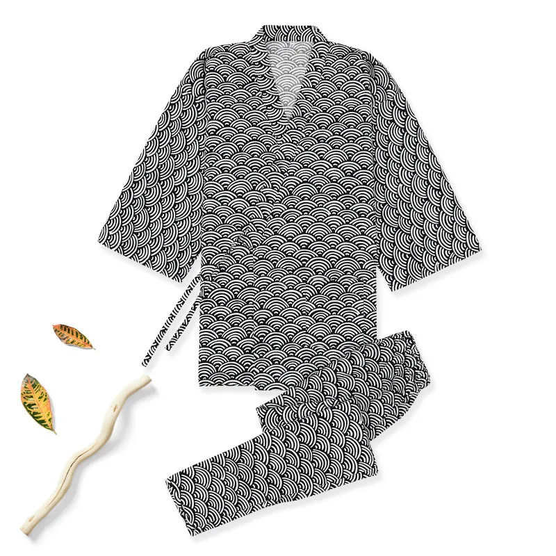 Japanese Style Yukata Robe For Men Pure Cotton Breathable Spring Summer Kimono Vintage Sleepwear Pajamas Homewear 2pcs Set