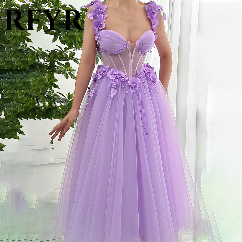 

RFYR Purple A-line Evening Dresses Corset Vestidos De Noche Appliques Tulle Prom Dress with Pleats Sweetheart Long Party Dress