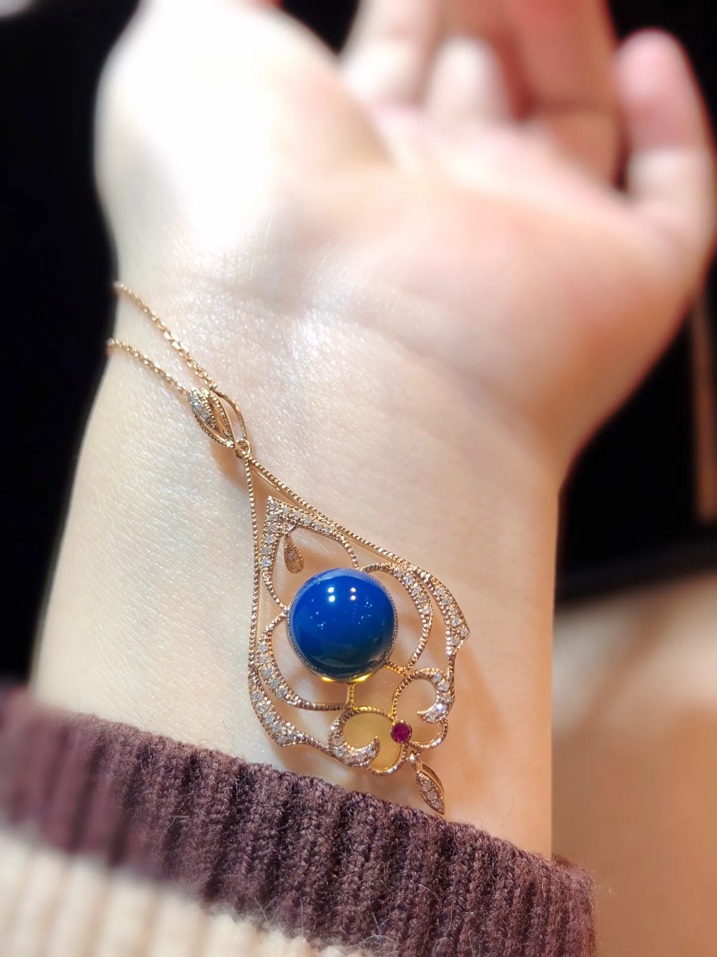 Natural Mexican Blue Amber Pendant 14mm Round Bead Sterling Silver Floral Scroll Openwork Jewelry Gift for Women