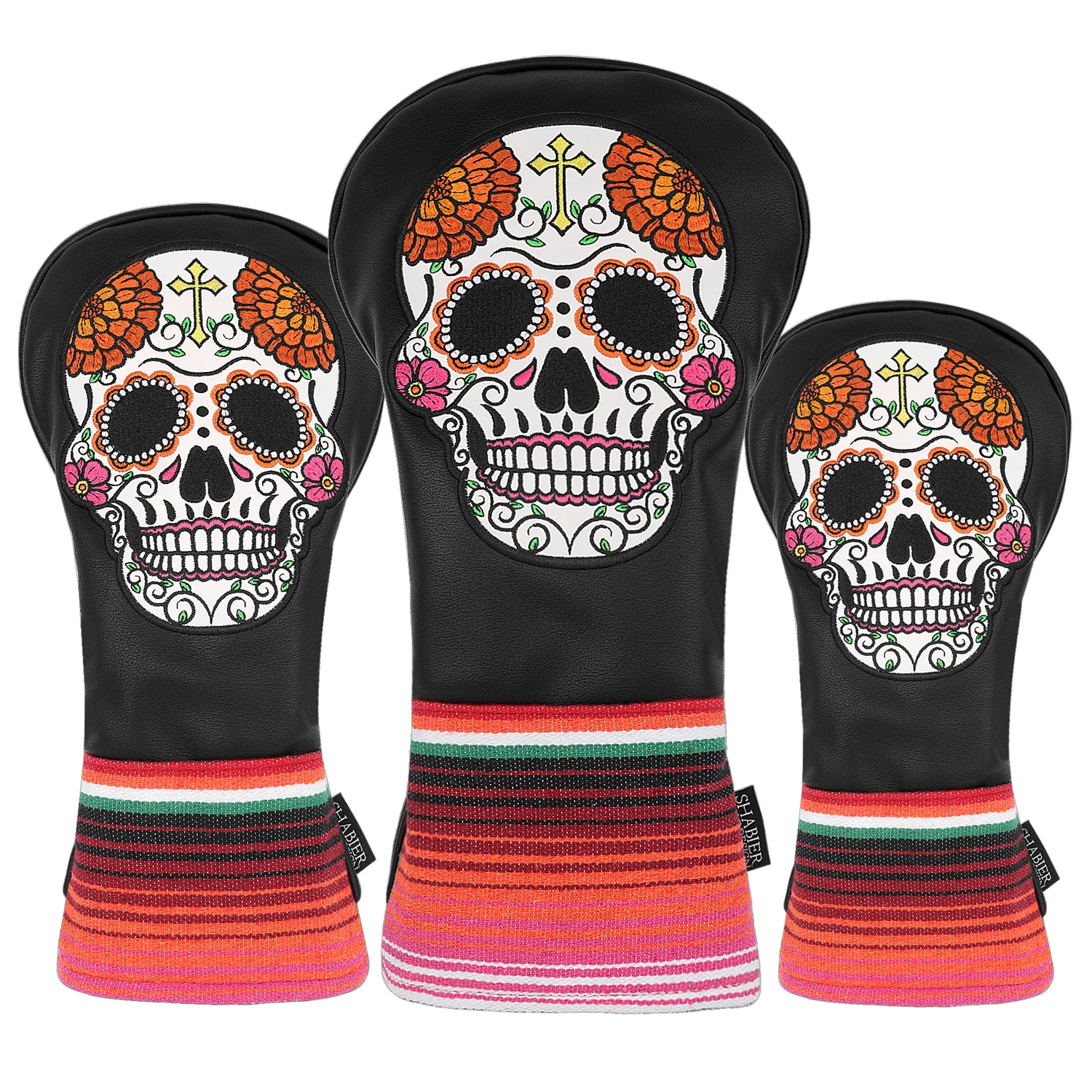 Sugar Skull  Embroidered Patch Black White Red PU Faux Leather Golf Club Driver Head Cover