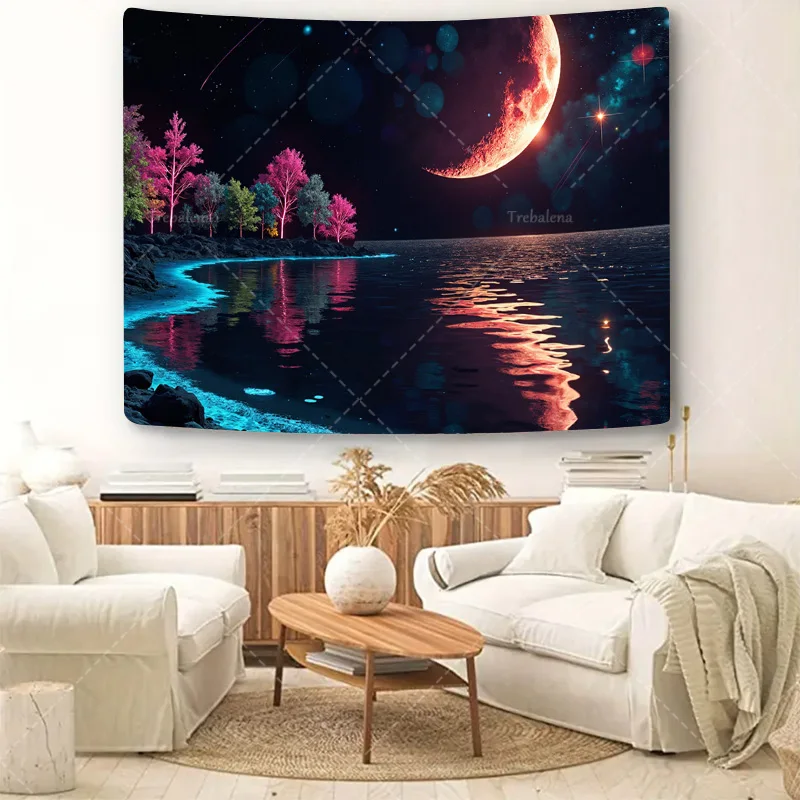قطعة واحدة من نسيج الحائط "نسيج ليلة مضاءة القمر المجرة - منظر طبيعي كوني مع ماء وأشجار عاكسة" #5