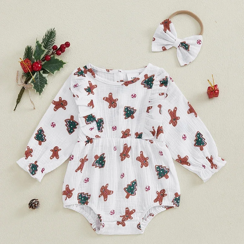 Baby Girls  Gingerbread Christmas Romper Print Long Sleeve Jumpsuits Headband Set Cute Newborn Clothes Outfits