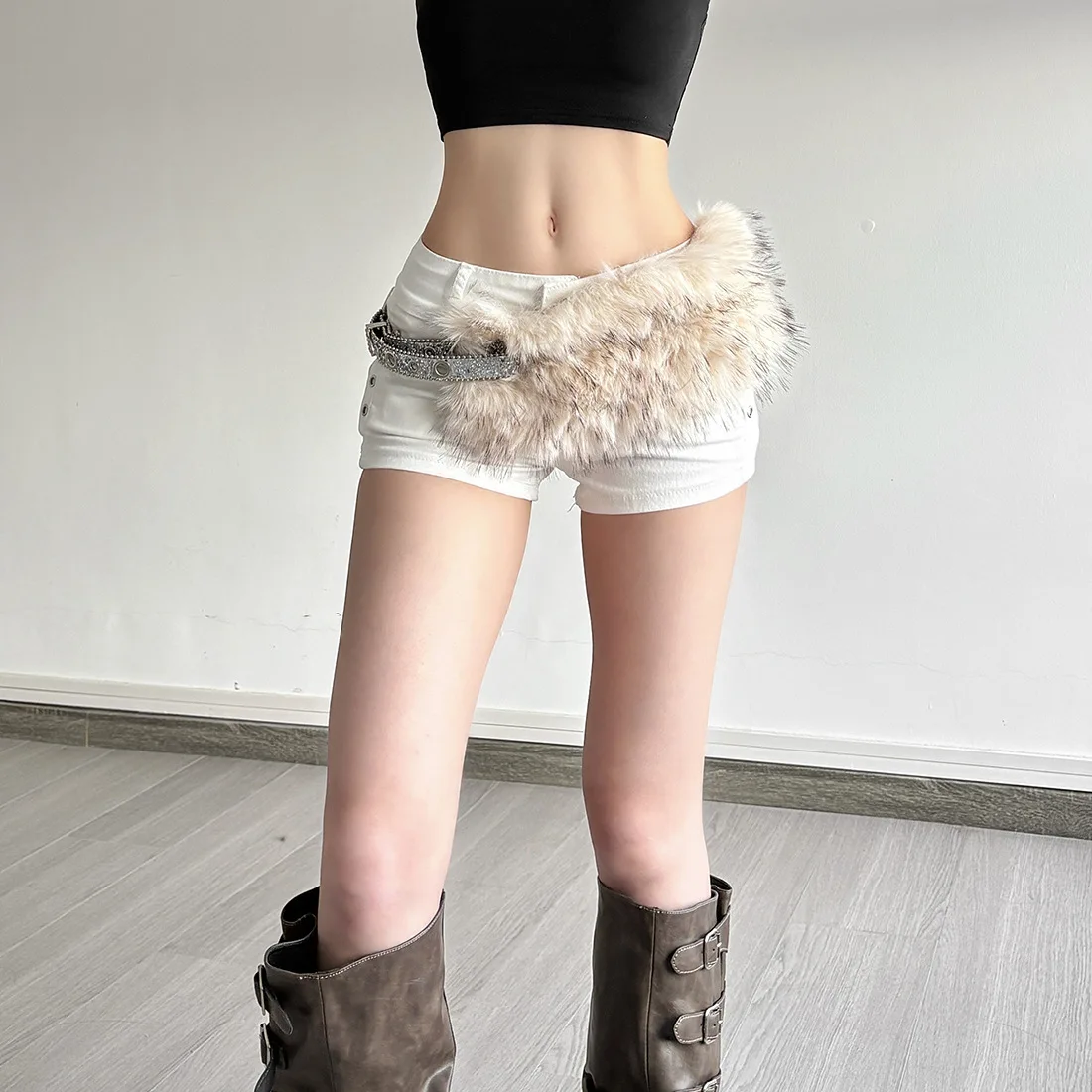 European Style Autumn Winter Imitation Furry Pu Waistbands Women Silver Sequined Rhinestone Rivet Studded Wide Furry Waist Belts