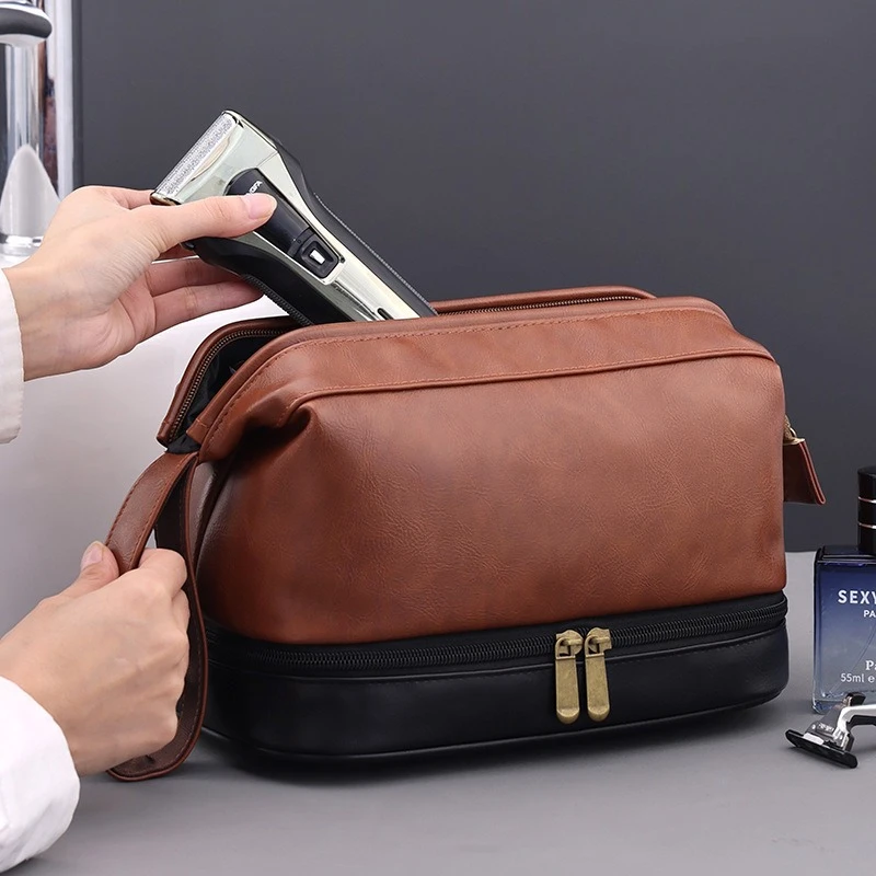 Men PU Leather Double‑Layer Wet Dry Separation Makeup Bag Portable Travel Toiletry Kit, Cosmetic bag for Business Trip