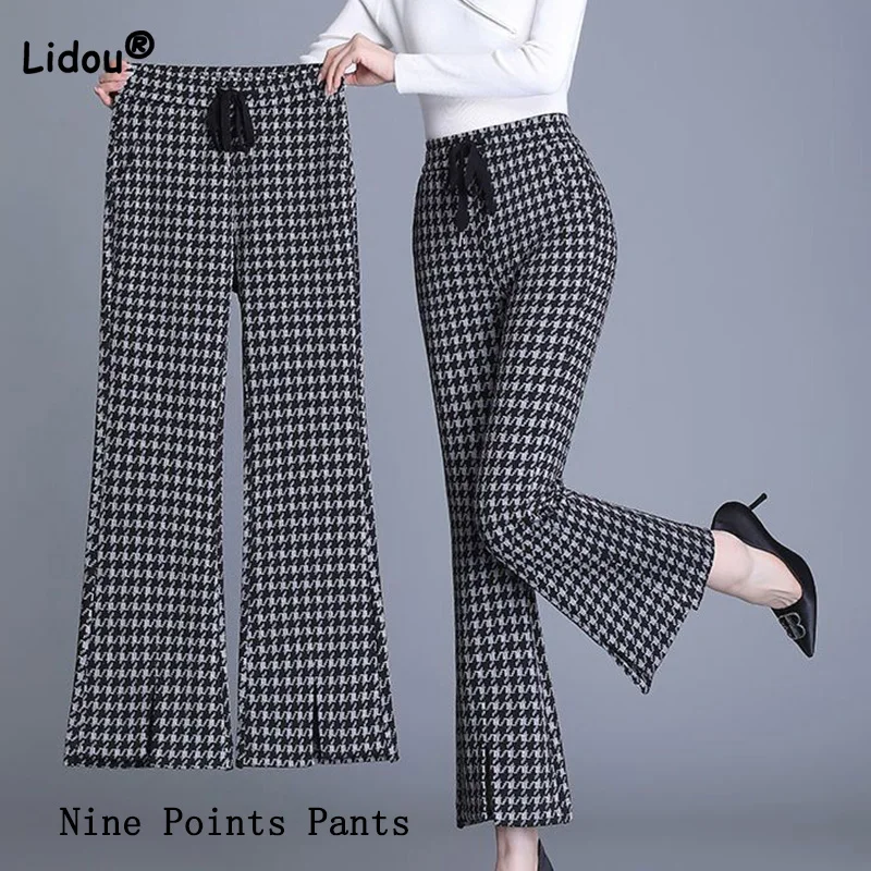 

Korean High Waist Drawstring Trousers Fashion Houndstooth Printing Pockets Small Split Autumn Commute Nine Points Flare Pants